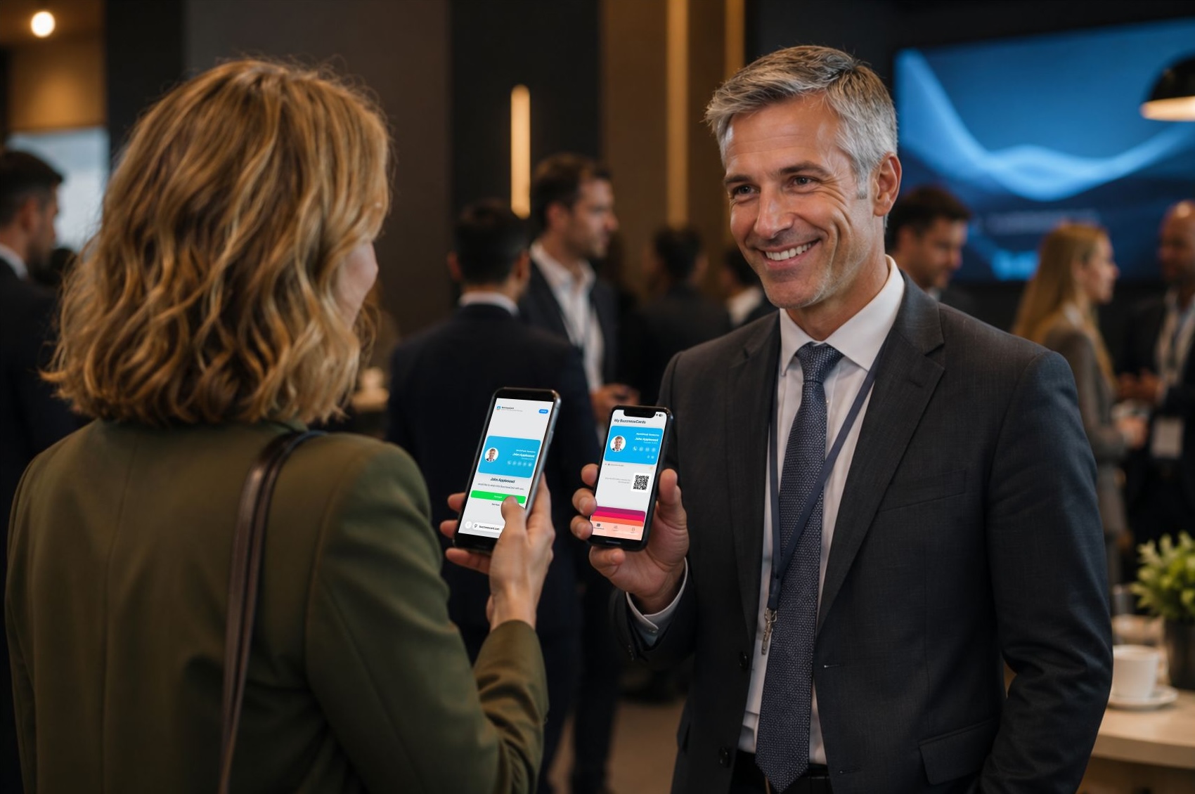 Professionals exchanging digital business cards with BuzznessCard